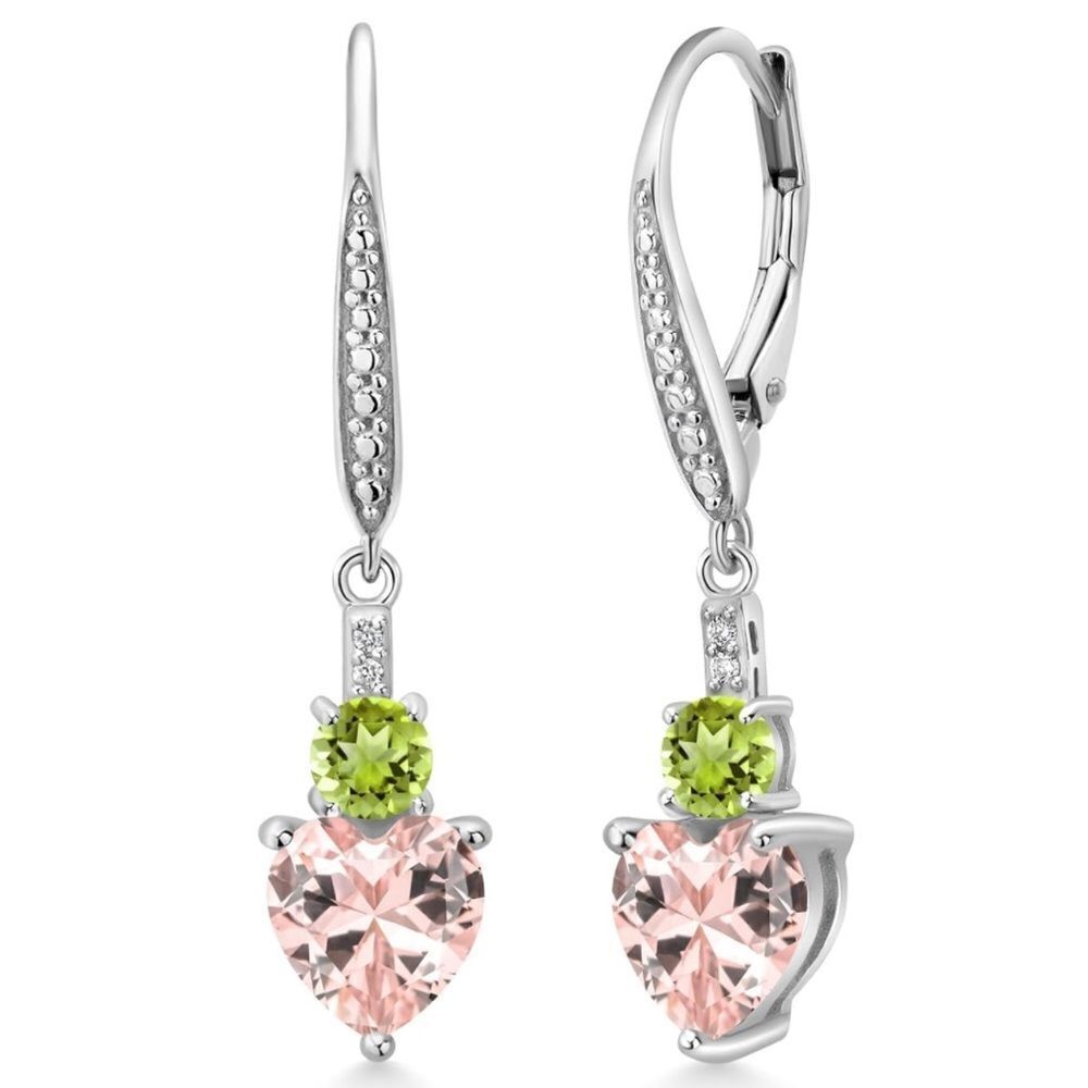 925 Sterling Silver with 3.13 Cttw Peach Morganite and Peridot Heart Earrings